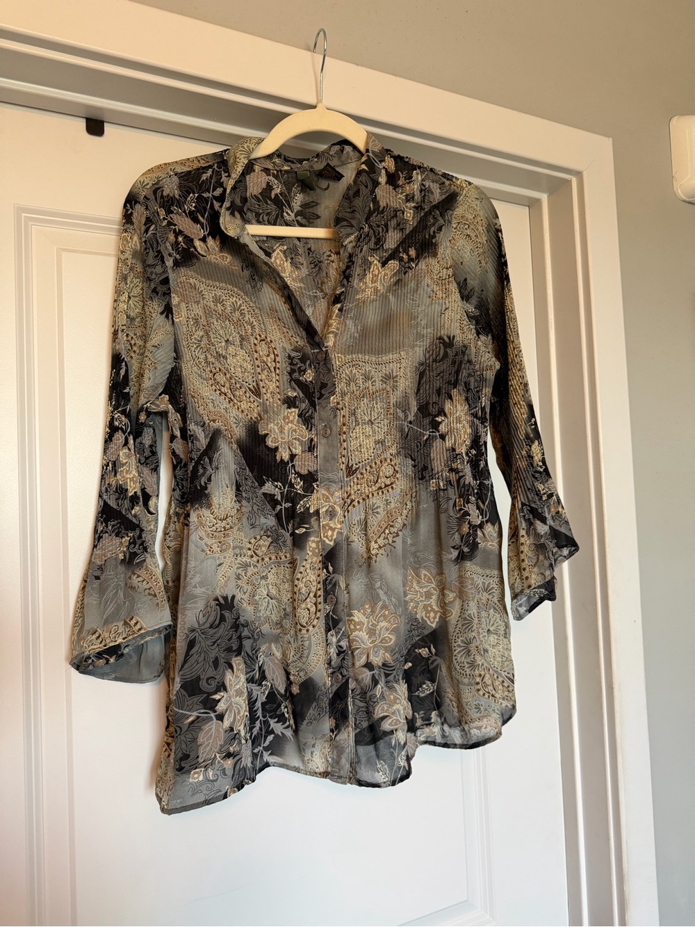 Sere Nade 1X Gray Black Paisley Pleated Button Front Tunic Blouse